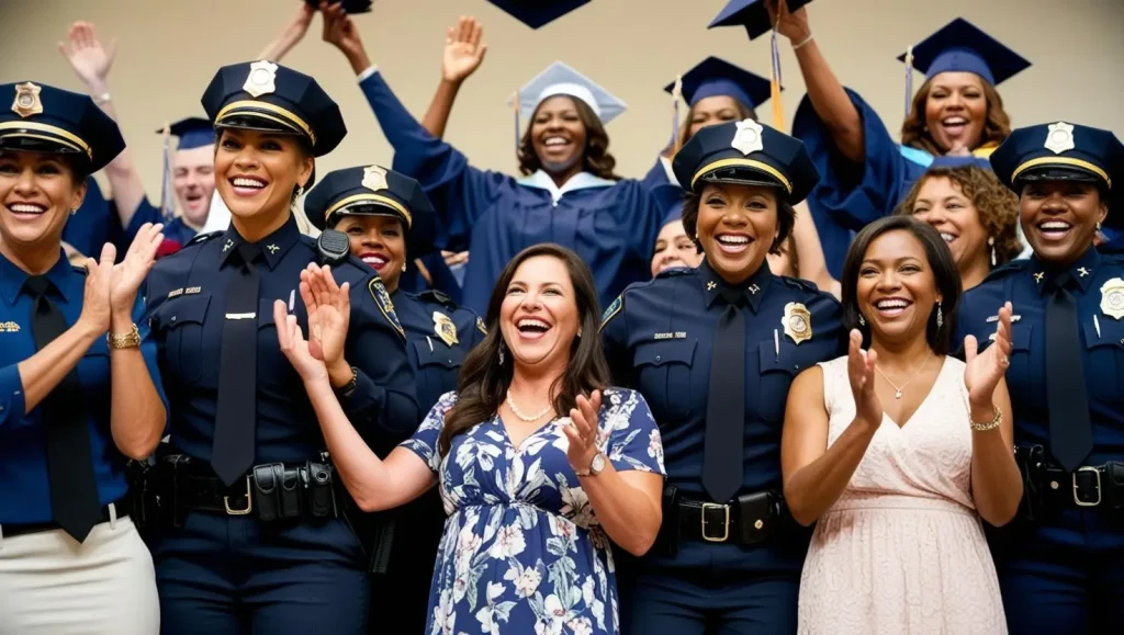 A group of women police officers and civilians smile and clap in front of a group of people in graduation caps and gowns, celebrating together in a joyful, festive atmosphere.