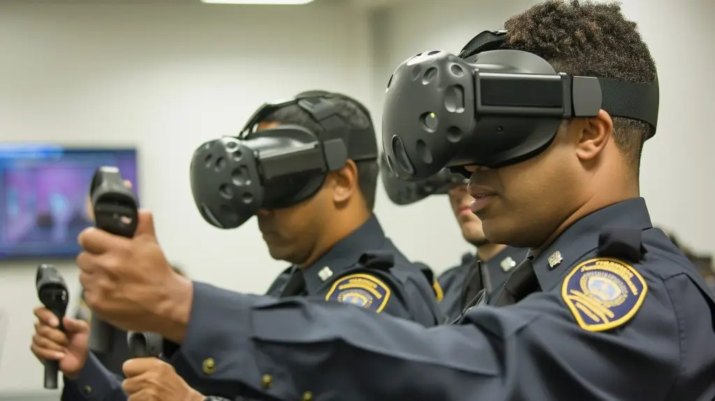 Three police officers wearing VR headsets and uniforms hold controllers, participating in a virtual reality training session in a brightly lit room.