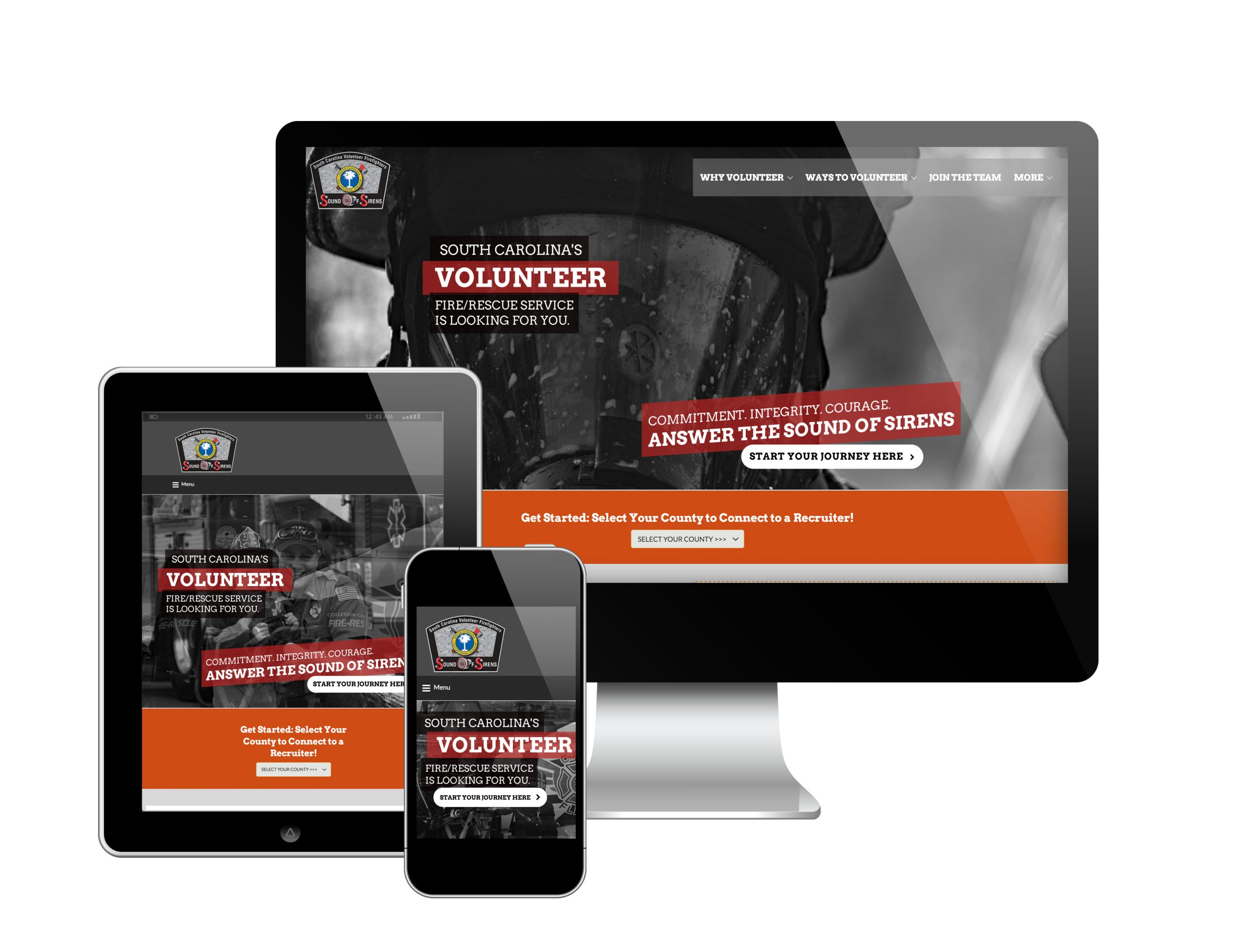 A responsive website for South Carolina volunteer firefighters is displayed on a desktop monitor, tablet, and smartphone, featuring a call to volunteer with bold text and an orange action button.