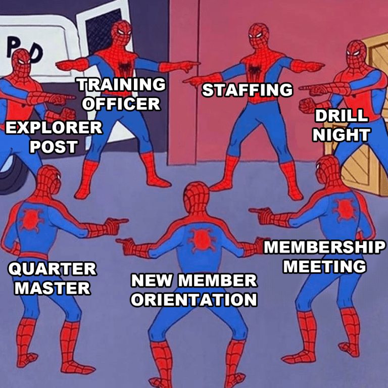 Seven Spider-Men point at each other, each labeled with roles or events: "Training Officer," "Staffing," "Drill Night," "Explorer Post," "Quarter Master," "New Member Orientation," and "Membership Meeting.