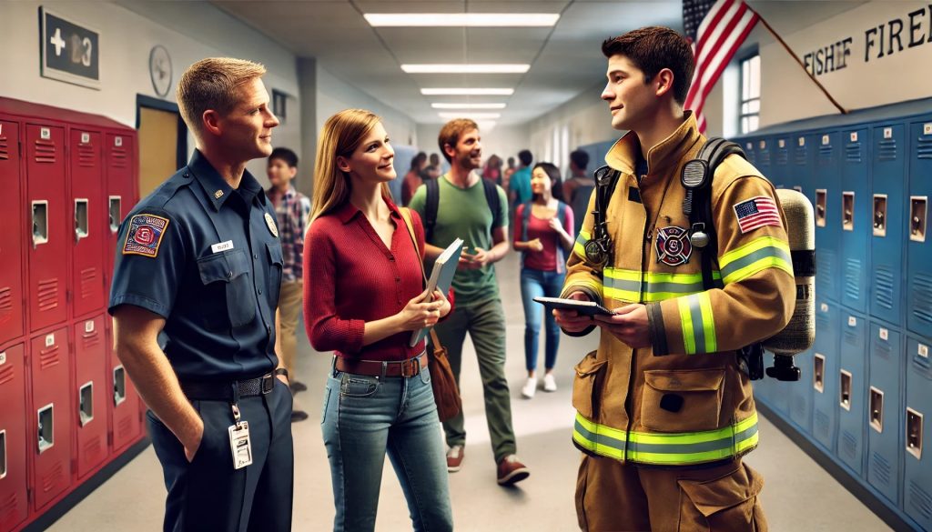 A firefighter in uniform talks with a man and a woman in a school hallway lined with red and blue lockers, while students walk by in the background. An American flag hangs on the wall.