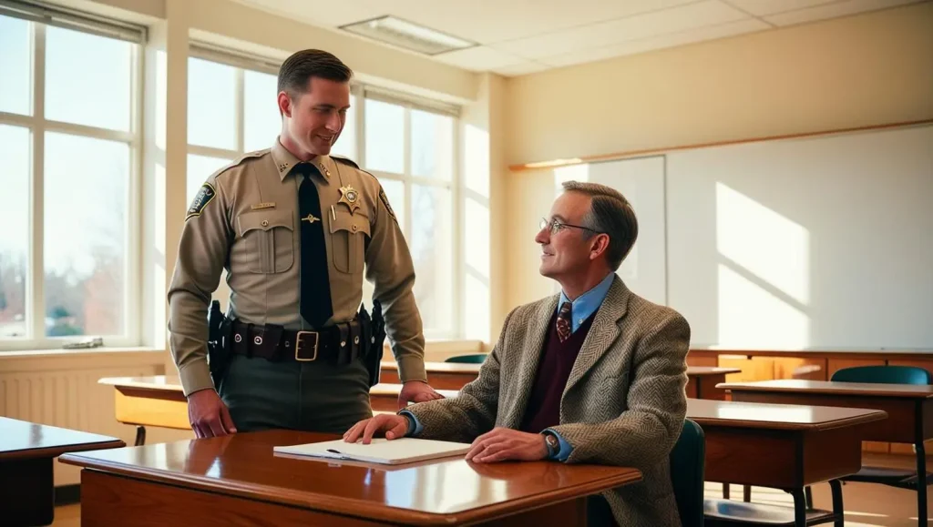 A police officer stands and smiles while talking to a seated man in a suit and glasses in a bright, empty classroom with large windows and wooden desks.