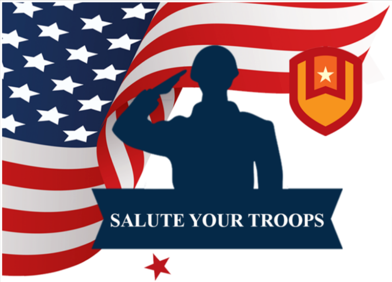 A silhouette of a saluting soldier in front of a waving American flag, with a shield featuring a star and the text "SALUTE YOUR TROOPS" below.