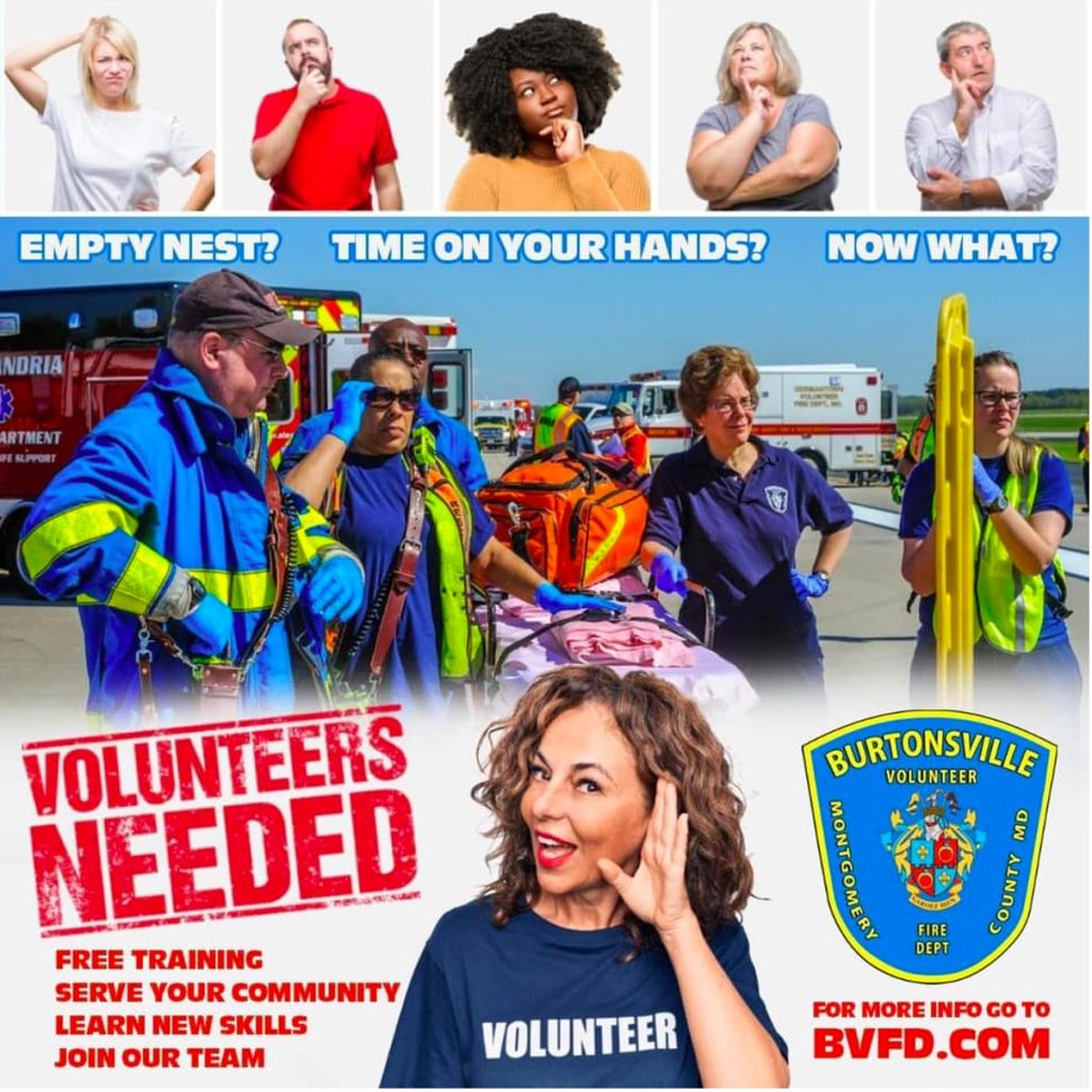 A recruitment poster for Burtonsville Volunteer Fire Department shows EMTs assisting a patient, people thinking, and bold text: “Volunteers Needed.” It advertises free training and community service. Website: BVFD.com.