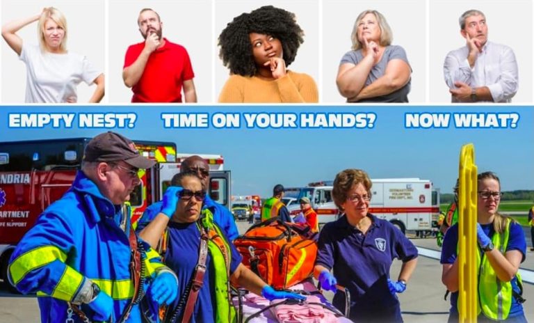 Six adults appear pensive in the top row. Below, emergency responders surround a stretcher with medical equipment. Blue text reads: "EMPTY NEST? TIME ON YOUR HANDS? NOW WHAT?" Emergency vehicles are seen in the background.