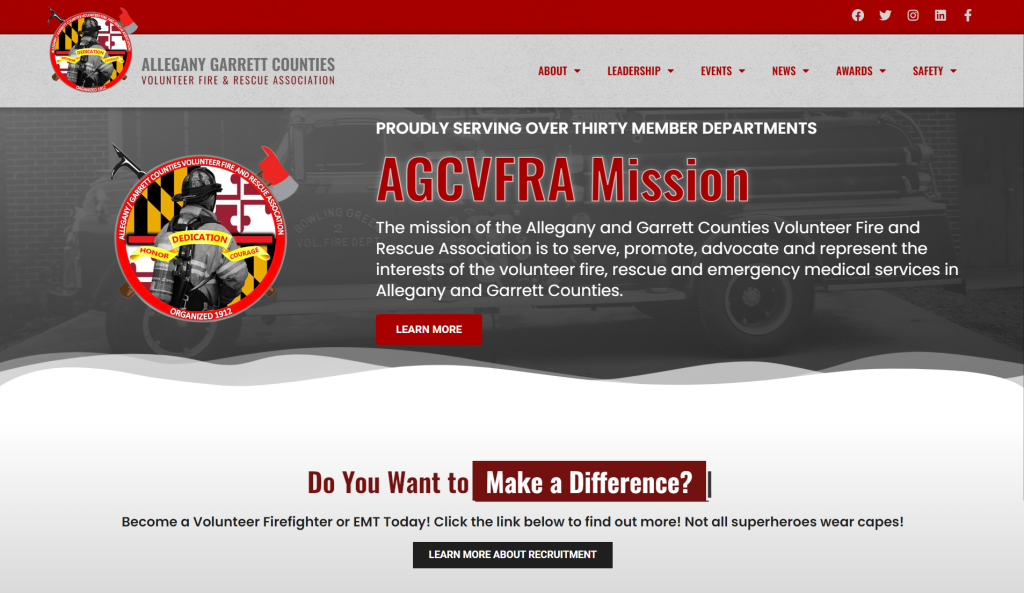 Screenshot of the Allegany Garrett Counties Volunteer Fire & Rescue Association website homepage, featuring their mission statement, call to action buttons, and a banner promoting volunteer opportunities in fire and rescue services.