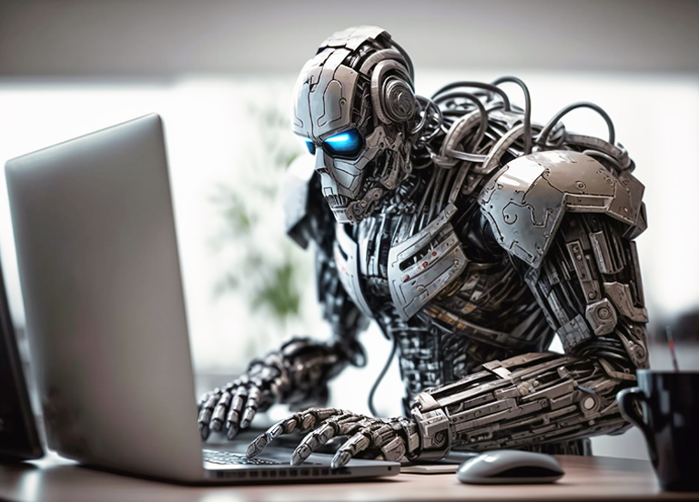 A humanoid robot with metallic body and glowing blue eyes types on a laptop at a desk in a modern office setting, with blurred background and soft lighting.
