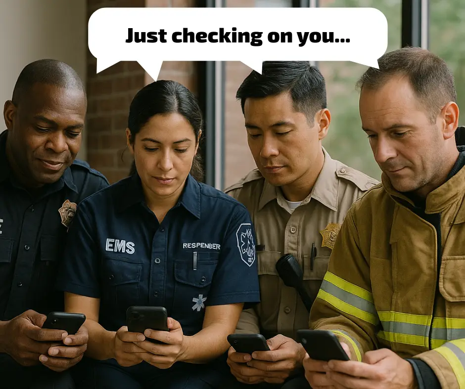 Four emergency responders—two police officers, an EMT, and a firefighter—sit together looking at their phones. Speech bubble above them says, “Just checking on you…”.