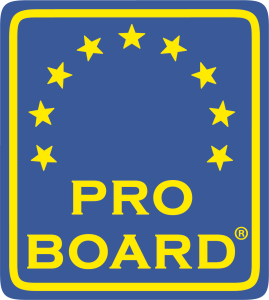 A blue rectangle with a yellow border featuring nine yellow stars in a semi-circle above the yellow text "PRO BOARD" in all caps.