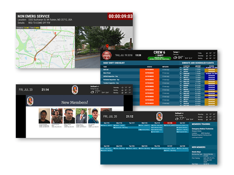 Four digital dashboard screens show maps, schedules, checklists, weather, crew information, member photos, and training updates for an emergency services team, with clear layouts and color-coded sections.