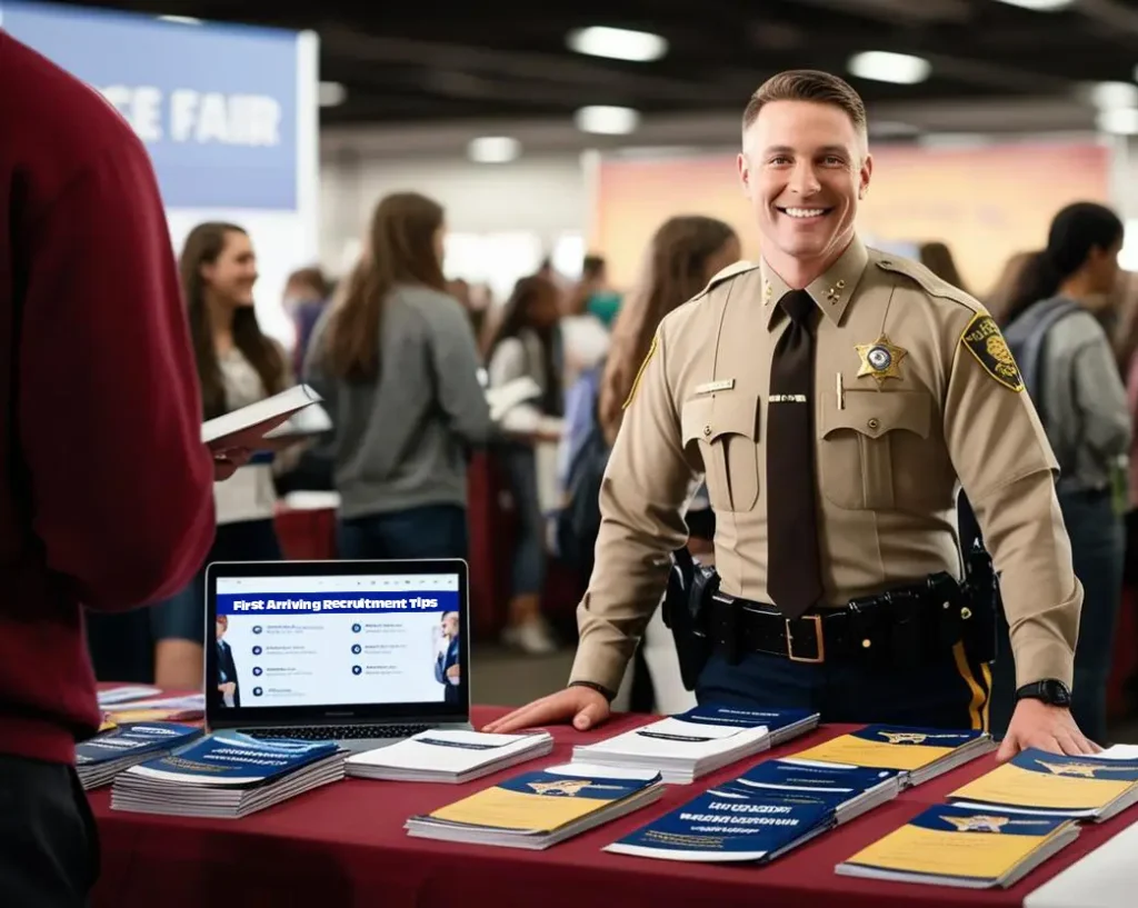 A smiling police officer stands behind a recruitment table with brochures and a laptop, engaging with visitors at a busy career fair. People are gathered in the background, and informational materials are displayed on the table.