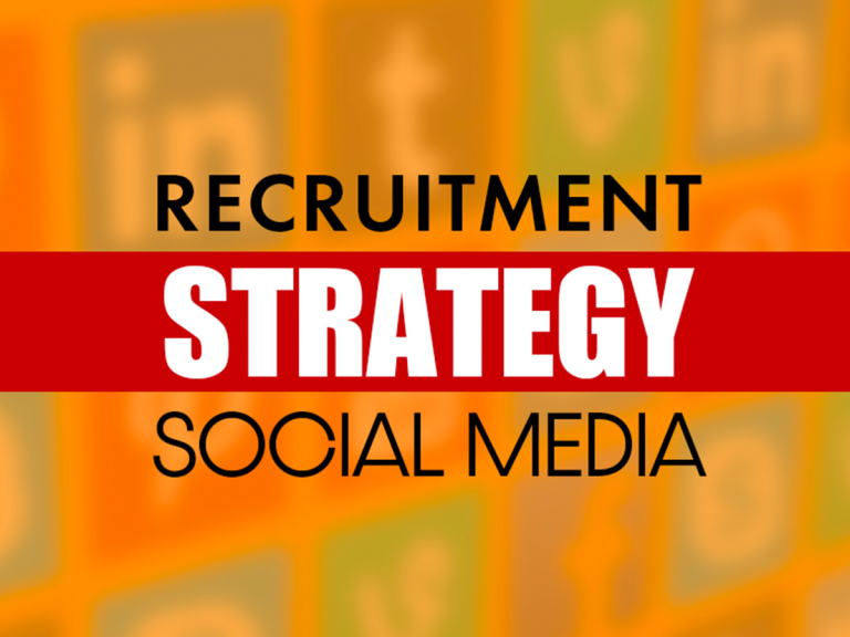 Text graphic with a blurred orange background showing social media icons. Bold text reads: "Recruitment Strategy Social Media," with "Strategy" highlighted on a red banner.