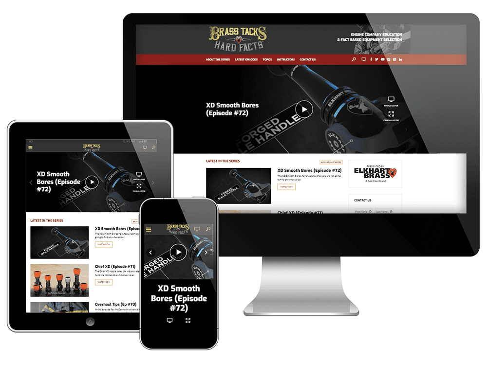 A website called "Brass Tacks and Hard Facts" is displayed on a desktop monitor, tablet, and smartphone, showing consistent design and content across all devices.