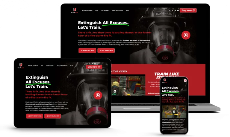 A responsive website for BLASTMASK is shown on a laptop, tablet, and smartphone screen. The homepage features a firefighter in gear, bold text, and red buttons to buy or watch a video.
