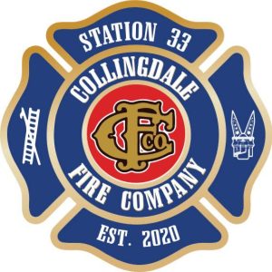 Collingdale Fire Company emblem with gold, blue, and red colors, "Station 33" and "Est. 2020," a ladder symbol, helmet graphic, and central monogram "CFC Co.