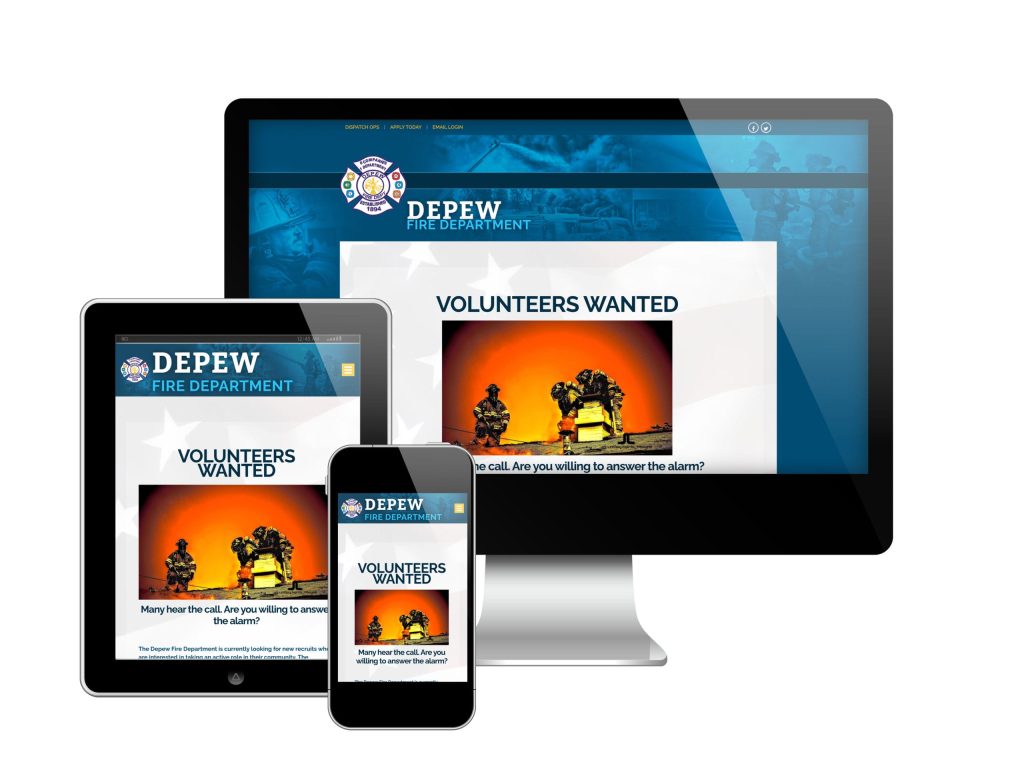 A website for Depew Fire Department with a “Volunteers Wanted” message is displayed on a desktop monitor, tablet, and smartphone, showing its responsive design and firefighter-themed imagery.