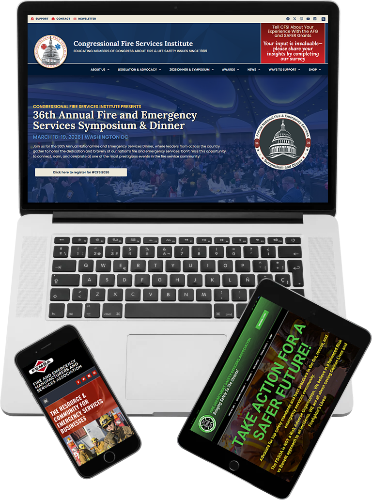 A laptop, tablet, and smartphone display responsive versions of the Congressional Fire Services Institute website, featuring event details and a call to action for fire and emergency services advocacy.