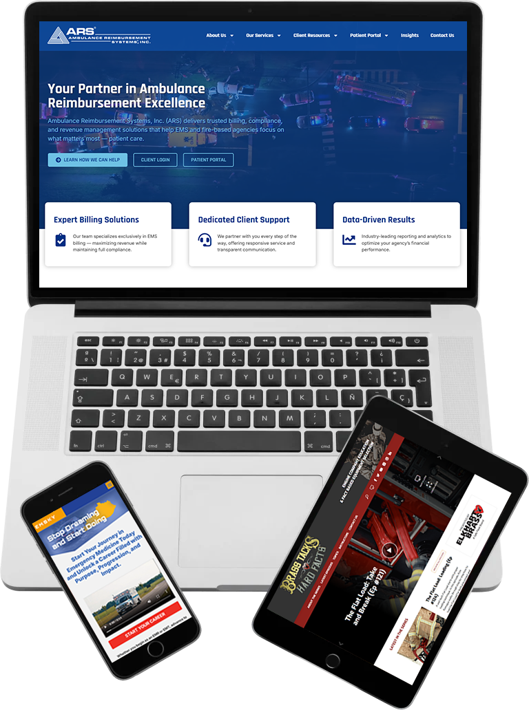 A laptop, tablet, and smartphone display different websites; the laptop shows an ambulance reimbursement service site, while the tablet and phone display other web pages, representing responsive web design across devices.