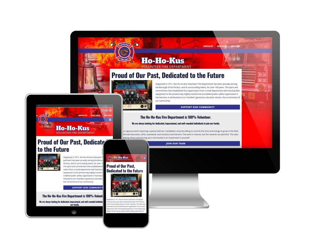 A fire department website is displayed on a desktop monitor, tablet, and smartphone, showing a red-themed design with the Ho-Ho-Kus Volunteer Fire Department logo and text about the department.