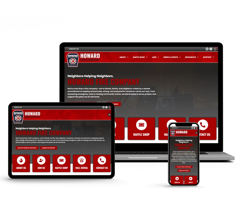A fire company website displayed responsively on a laptop, tablet, and smartphone screen, featuring a red and black color scheme with navigation buttons for About Us, Raffle Shop, News & Events, and Contact Us.