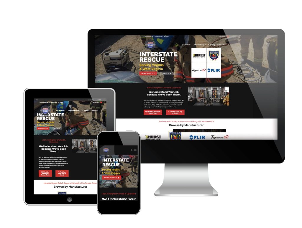 A website for Interstate Rescue is displayed on a desktop monitor, tablet, and smartphone, showing a black, red, and white interface with images of rescue workers and equipment.
