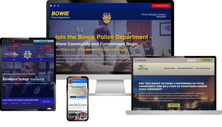 Four devices display the Bowie Police Department website: a desktop monitor, laptop, tablet, and smartphone, highlighting responsive design and recruitment messages for joining the department.