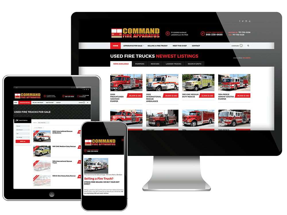 A responsive website for used fire trucks is displayed on a desktop monitor, tablet, and smartphone. Each screen shows fire truck listings, with images, prices, and navigation menus visible.