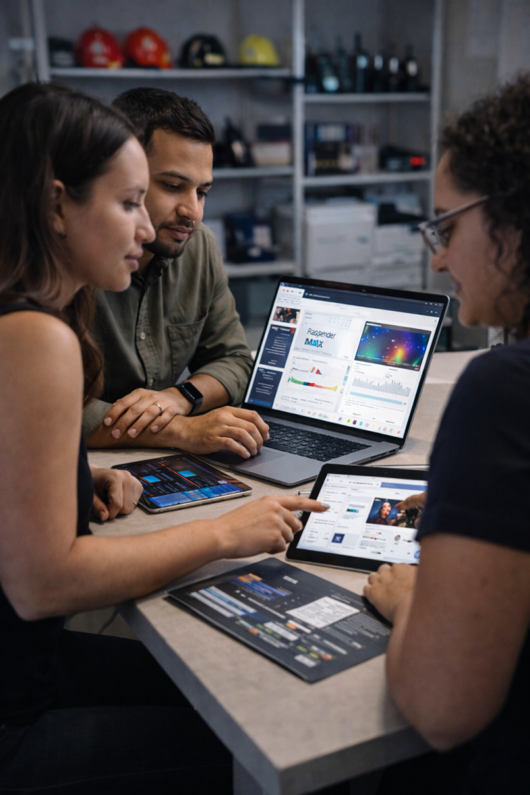 Three people sit around a table collaborating, looking at digital devices displaying charts and graphs. Laptops and a tablet show data visualizations, suggesting a business or technology meeting.
