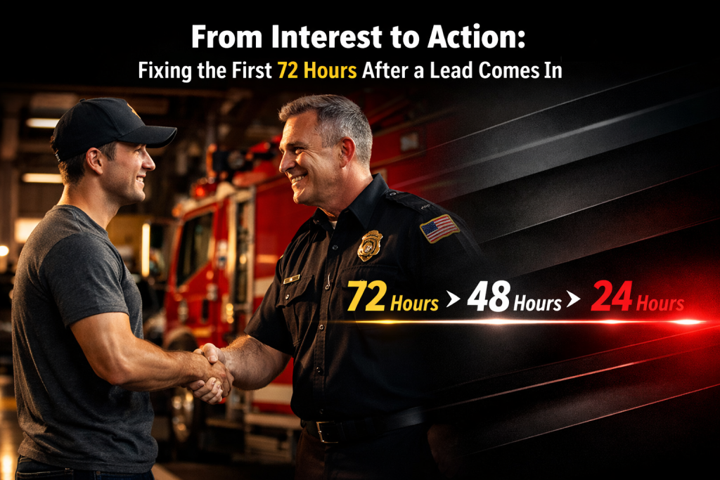 A firefighter and a man in a black cap shake hands inside a fire station. Text reads, “From Interest to Action: Fixing the First 72 Hours After a Lead Comes In,” highlighting the importance of responding within 72, 48, and 24 hours.