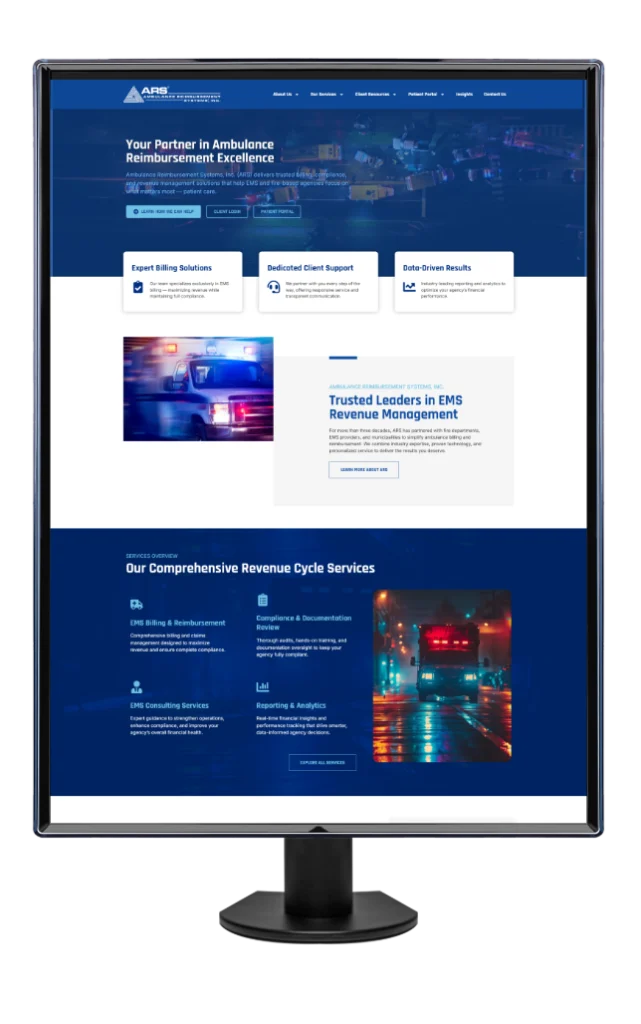 A computer monitor displays a website for an ambulance reimbursement service, featuring emergency vehicles, service descriptions, navigation menus, and contact information in a professional blue and white layout.
