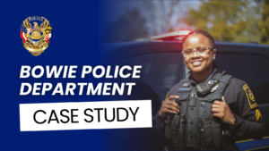 A smiling police officer in uniform stands beside a patrol car. The image features the Bowie Police Department badge, with text reading "Bowie Police Department Case Study" on a blue background.