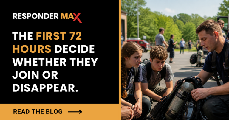 A firefighter demonstrates equipment to two young people outdoors, next to text promoting public safety careers and volunteer firefighter recruitment: “Responder Max: The first 72 hours decide whether they join or disappear. Read the blog.”