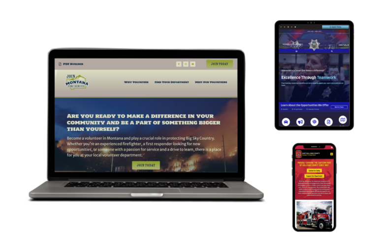 A laptop, tablet, and smartphone display different fire department or emergency services websites, each with unique layouts and color schemes against a plain white background.