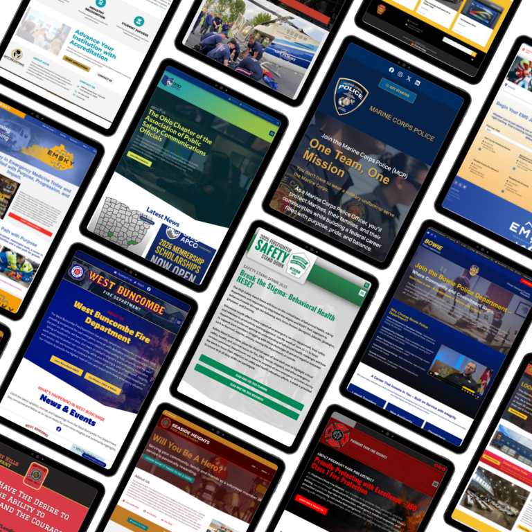 A variety of tablet screens display different public safety, police, fire department, and community service websites, arranged in a diagonal grid pattern on a white background.