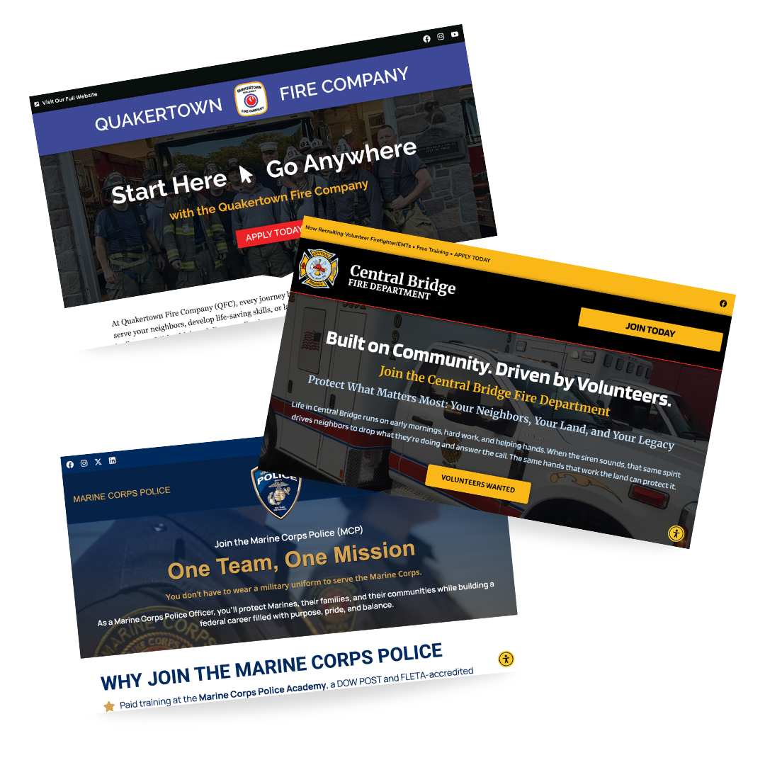 Three website screenshots show recruitment pages: Quakertown Fire Company, Central Bridge Fire Department, and Marine Corps Police, each with bold headlines, call-to-action buttons, and images of first responders.