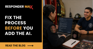 A fire department recruiter and a candidate review an AI recruitment email on a laptop at a table, with on-screen text reading “Fix the process before you add the AI,” highlighting challenges in public safety recruitment.