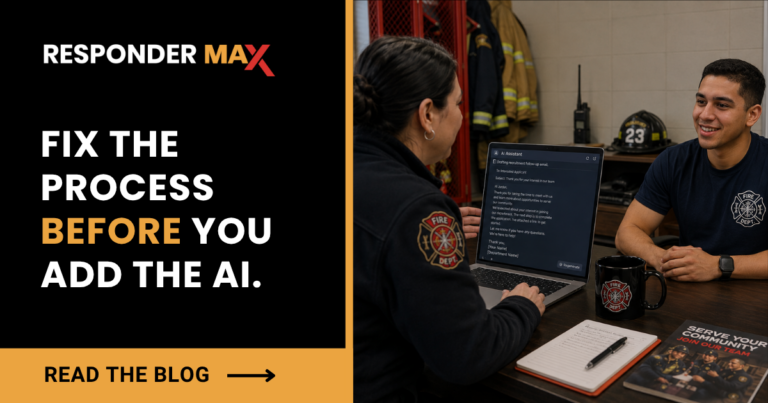 A fire department recruiter and a candidate review an AI recruitment email on a laptop at a table, with on-screen text reading “Fix the process before you add the AI,” highlighting challenges in public safety recruitment.
