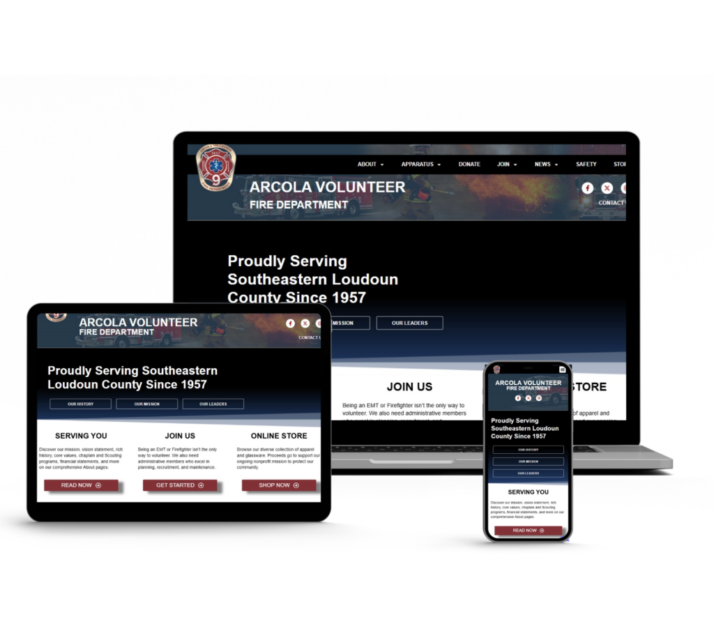 A fire department website is displayed on a laptop, tablet, and smartphone, showing the site is responsive and accessible on multiple devices. The screen reads “Arcola Volunteer Fire Department” and service information.