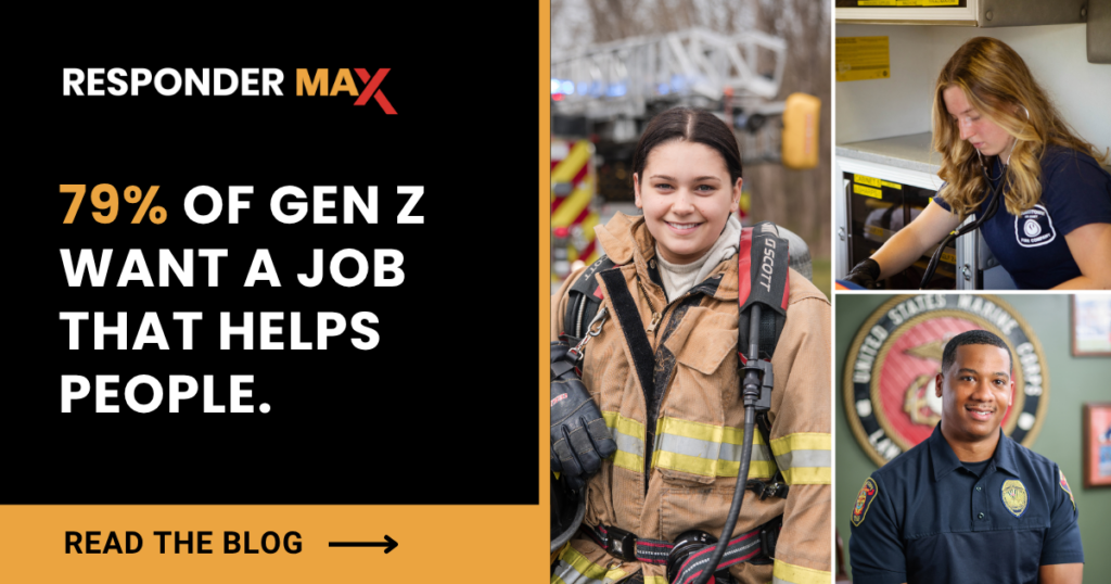 Text reading “Responder Max: 79% of Gen Z want a job that helps people” next to photos of a female firefighter, a female medic using a stethoscope, and a male police officer representing Gen Z recruitment for emergency services.
