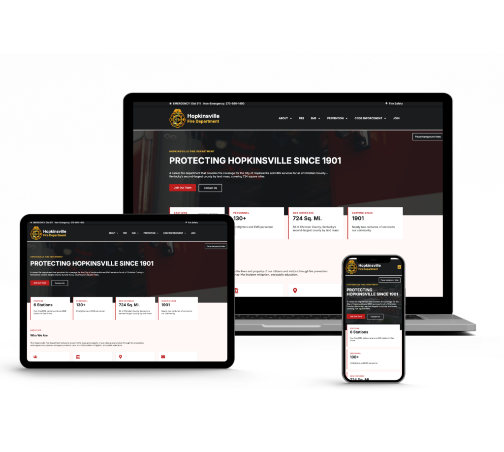 A computer monitor, a tablet, and a smartphone displaying the Hopkinsville Fire Department website.