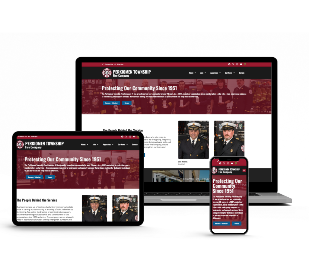 A laptop, a tablet, and a smartphone displaying the Perkiomen Township Fire Company website.