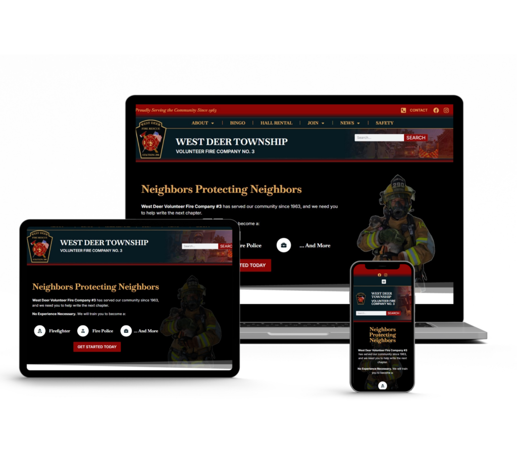 A laptop, tablet, and smartphone displaying the West Deer Volunteer Fire Company No. 3 website.