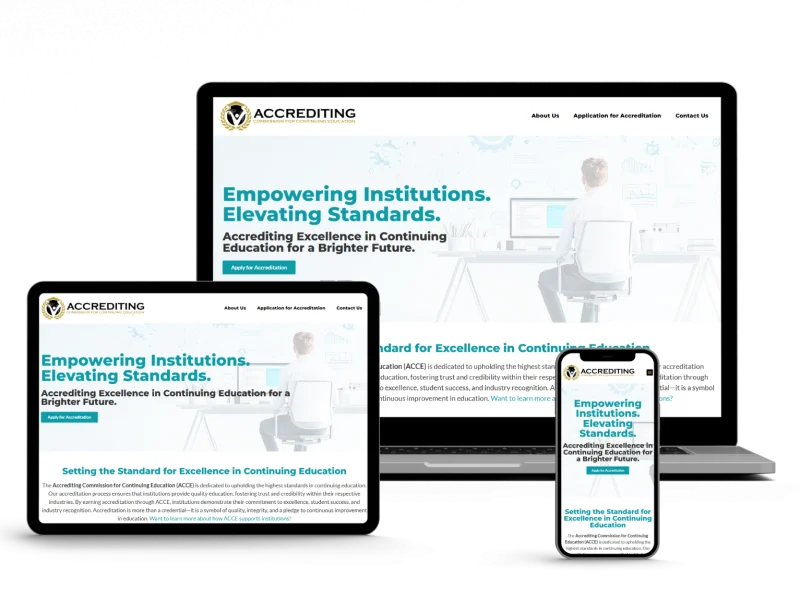 A website about accrediting excellence in continuing education is displayed on a laptop, tablet, and smartphone screen, showing a consistent layout and design across all devices.