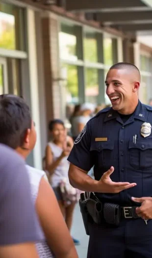 A smiling police officer talks and gestures with a small group of people outside on a city sidewalk, with a crowd and shops visible in the background.