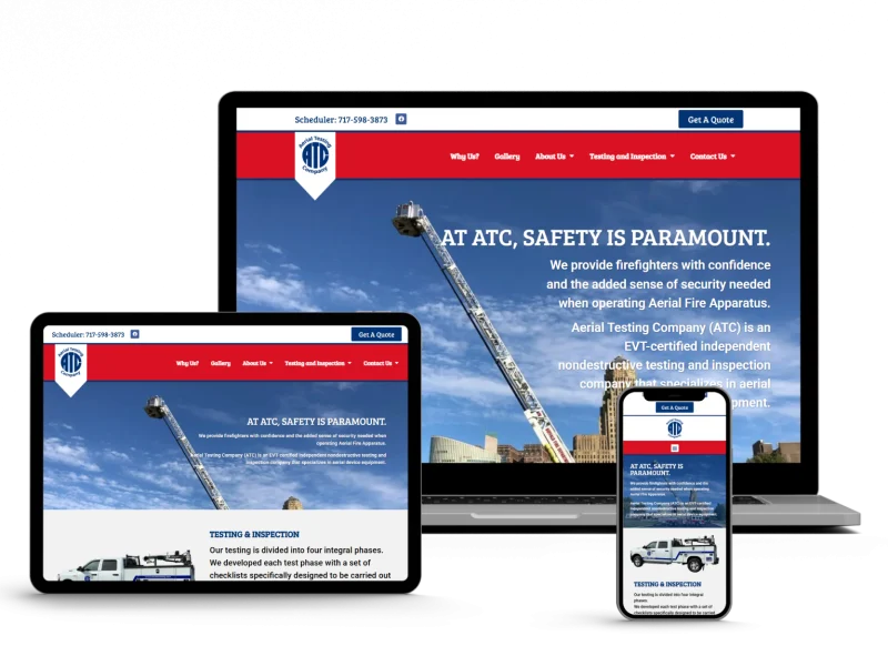 Three devices (laptop, tablet, and smartphone) display the Aerial Testing Company’s website, featuring a fire truck with an extended aerial ladder against a blue sky and headings about safety and inspection services.