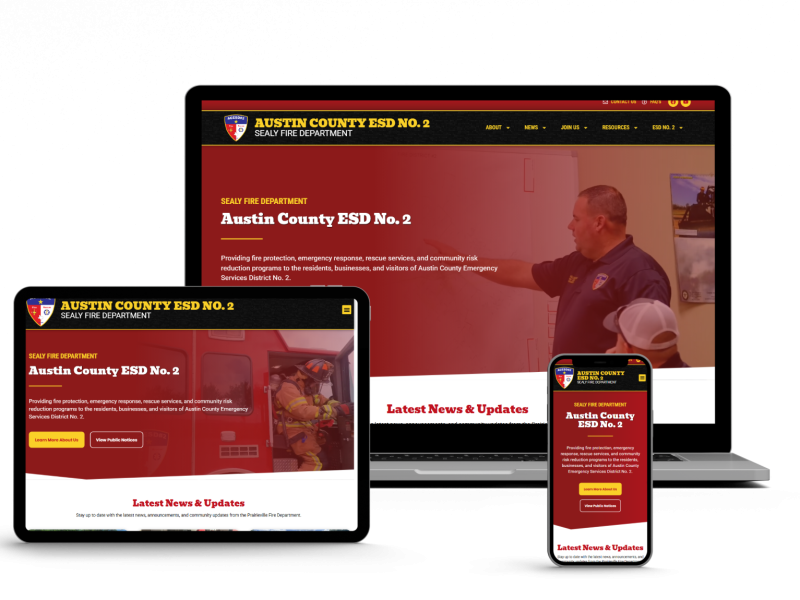 A responsive website for Austin County ESD No. 2 Fire Department is displayed on a laptop, tablet, and smartphone, showing the homepage with the logo, navigation menu, and news updates.