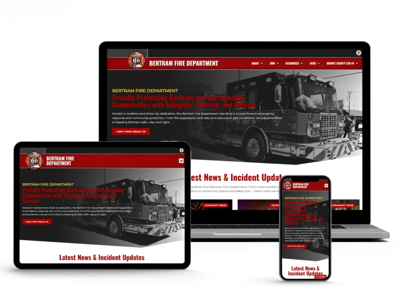 A responsive website for Bertram Fire Department is displayed on a laptop, tablet, and smartphone screen, featuring a fire truck image and red headers with news and incident updates.