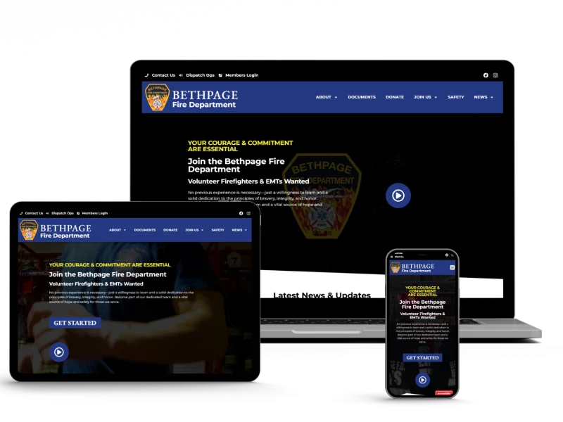 A laptop, tablet, and smartphone display the Bethpage Fire Department website homepage, featuring a dark blue theme, department badge logo, and a volunteer recruitment message.
