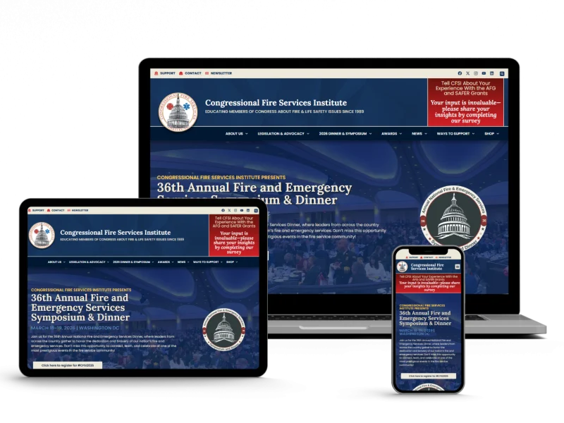 The Congressional Fire Services Institute website is displayed on a laptop, tablet, and smartphone, each showing a blue homepage for the 36th Annual Fire and Emergency Services Symposium & Dinner.