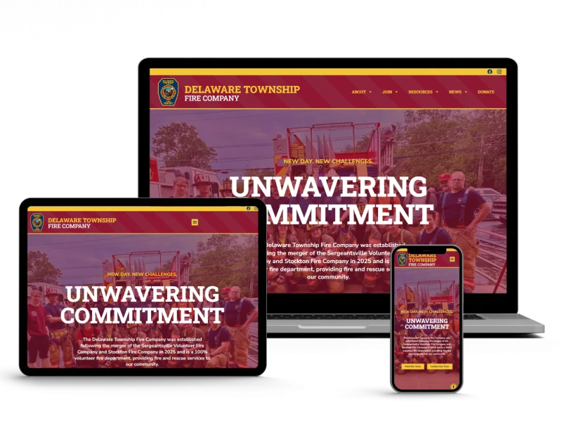 A fire company website homepage is shown on a laptop, tablet, and phone, featuring firefighters pictured together, a red and yellow theme, and the headline “UNWAVERING COMMITMENT” across all screens.